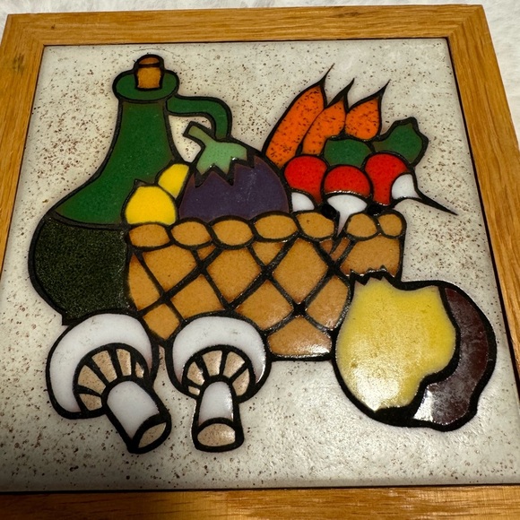 Vintage Food Vegetable Tile Trivet Wall Art Wooden Framed Mushrooms Carrots MCM - Picture 6 of 7